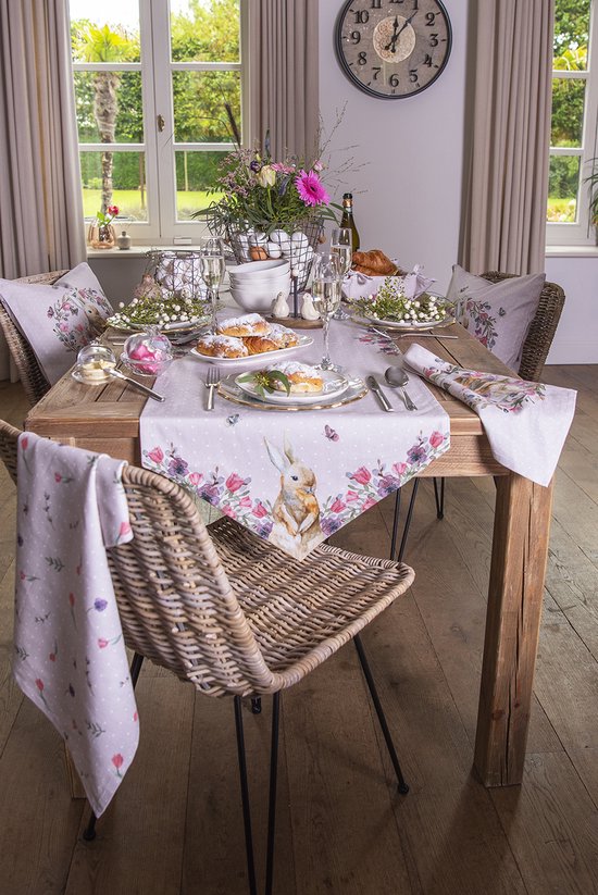 Clayre & Eef Theedoek 50*70 cm Wit Roze Beige Katoen Rechthoek Konijn en bloemen Vaatdoek Keukendoek Schotelvod