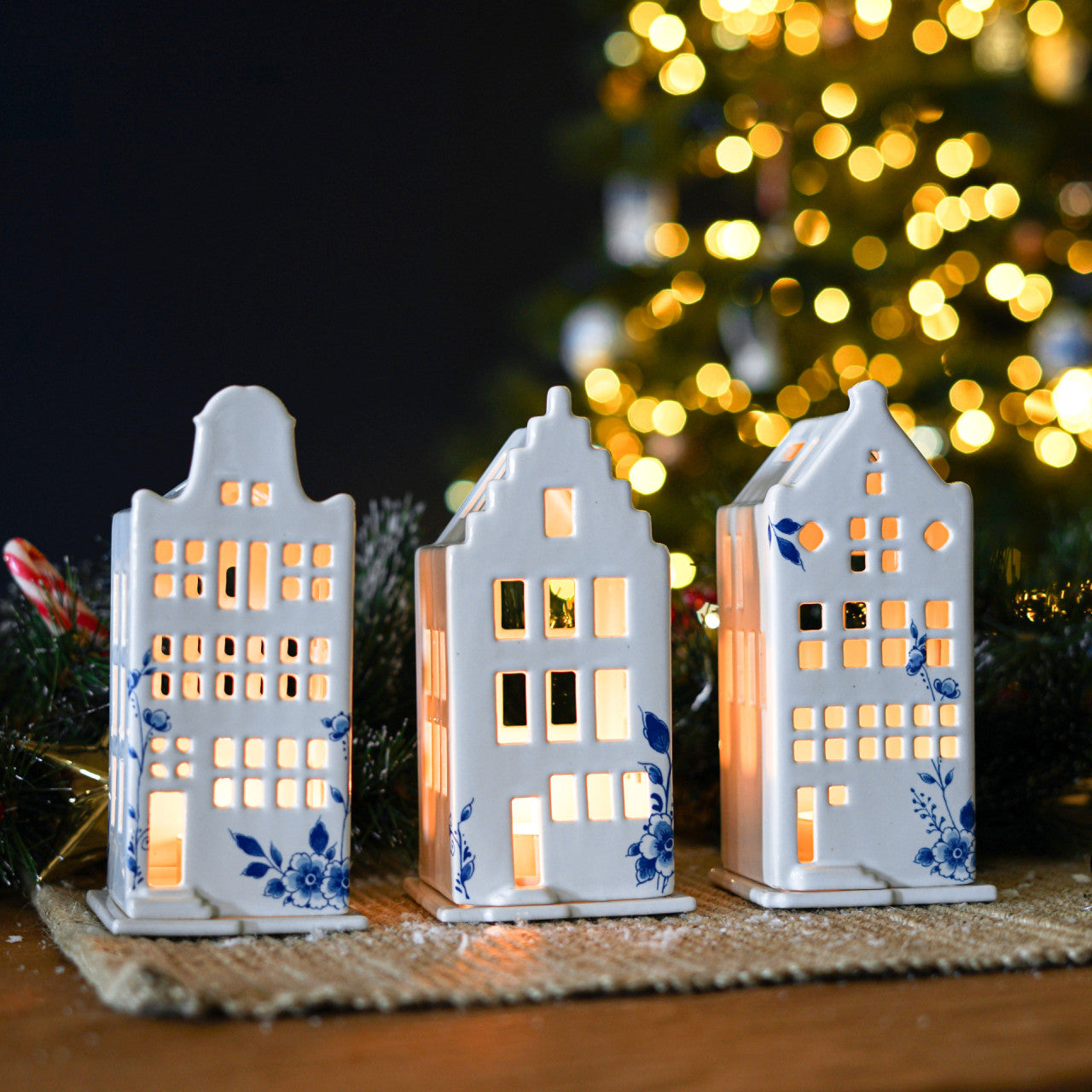 Waxinelichthouder huis trapgevel | Heinen Delfts blauw | Kerst | Delfts Blauw