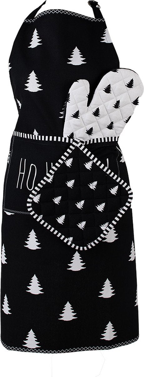 Clayre & Eef Keukenschort 70x85 cm Zwart Wit Katoen Kerstboom Ho Ho Ho ! BBQ Schort