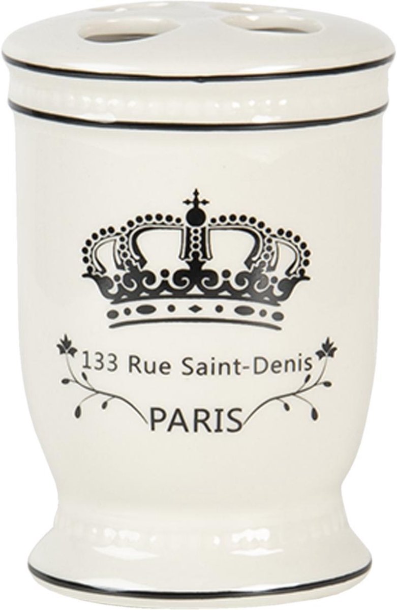 Clayre & Eef Badkamerset Set van 4 Beige Zwart Keramiek Kroon Paris Badkamer Accessoires Set