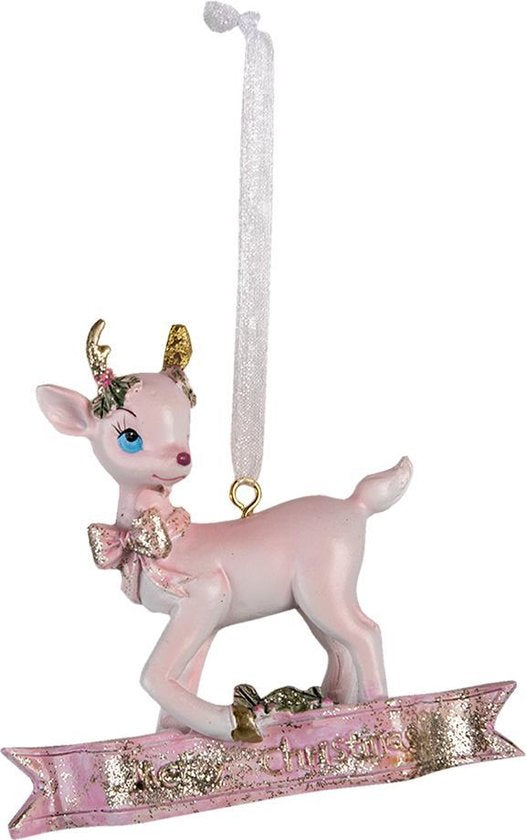 Clayre & Eef Decoratie Hanger Rendier 9*3*9 cm Roze Kunststof Kersthanger Kerstboomversiering