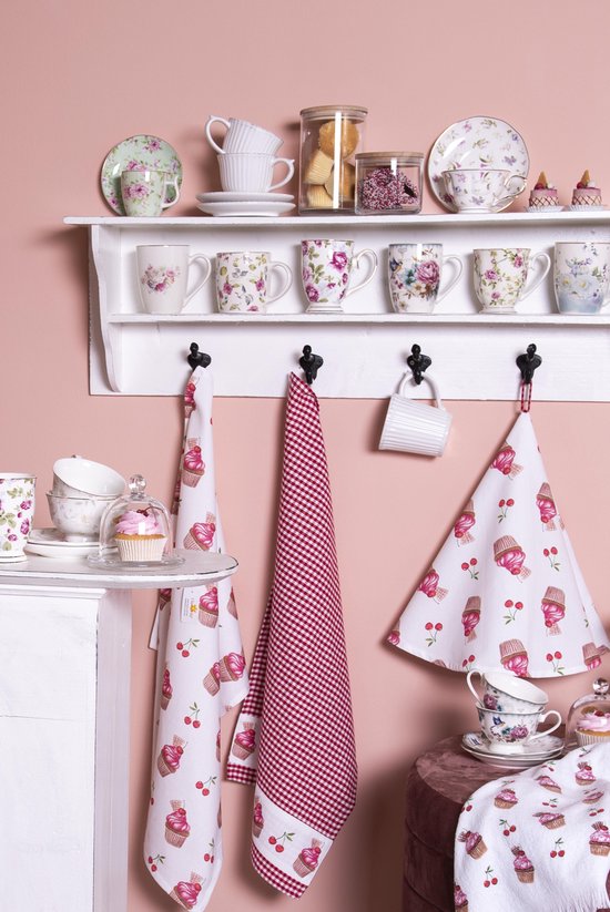 Clayre & Eef Theedoek 50*70 cm Rood Wit Katoen Cupcake Keukenhanddoek Keukendoek Vaatdoek