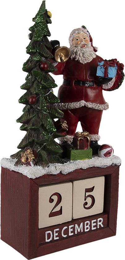 Clayre & Eef Kerstdecoratie Beeld Kerstman 16*10*34 cm Rood Groen Wit Kunststof Kalender Decoratief Figuur Decoratieve Accessoires Woonaccessoires
