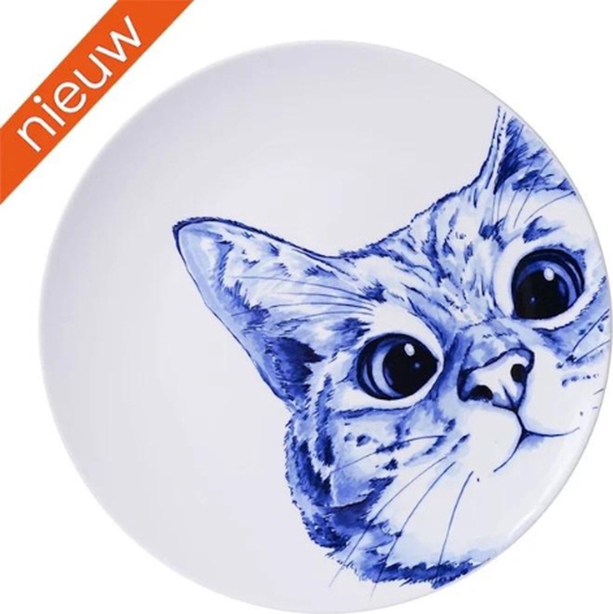 Heinen Delfts Blauw Wandbord Poes - Keramiek - Blauw - 31 x 31 x 0 cm (BxHxD)