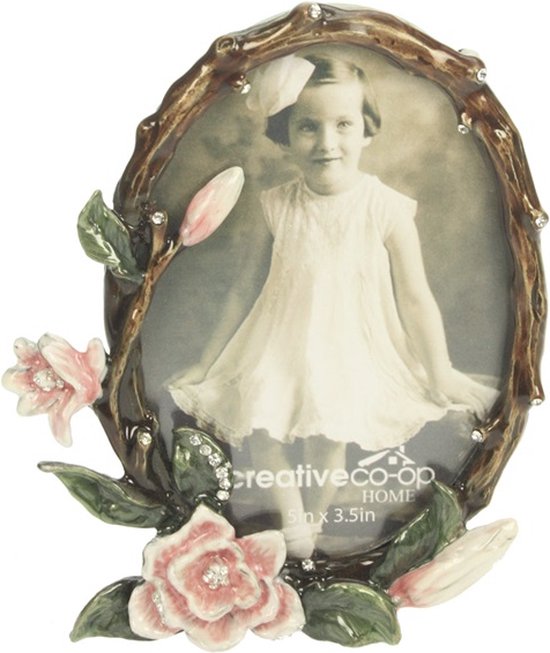 Fotolijstje ovaal bloemetjes roze (8,5x12) 11,8x2x14cm