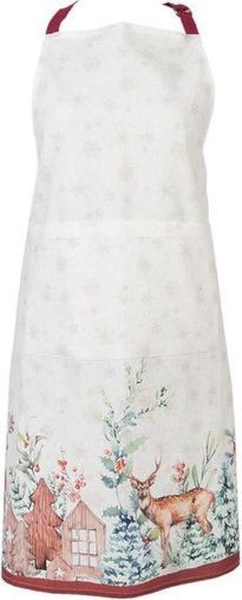 Clayre & Eef Keukenschort 70*85 cm Wit Groen Rood Katoen hert in winterbos BBQ Schort Cadeau voor haar Kookschort