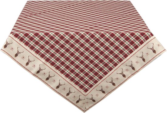 Clayre & Eef Vierkant Tafelkleed 100*100 cm Rood Beige Katoen Vierkant Geruit, Hertenhoofd Tafellaken Tafellinnen Tafeltextiel