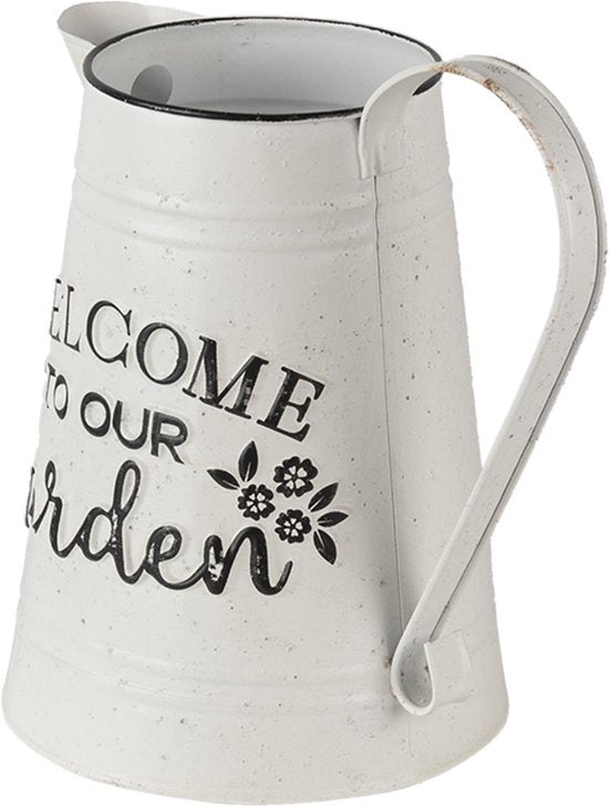 Clayre & Eef Decoratie Kan 17*17*23 cm Wit Metaal Rond Welcome to our garden Decoratieve Waterkan Decoratieve Gieter Tuindecoratie