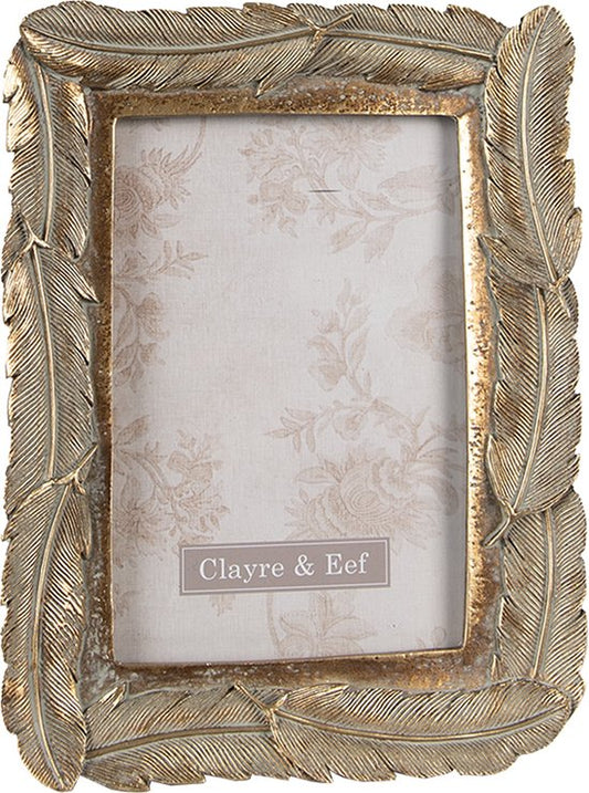 Clayre & Eef Fotolijst 10x15 cm Goudkleurig Kunststof Glas Rechthoek Veren Fotokader Wissellijst Foto Frame