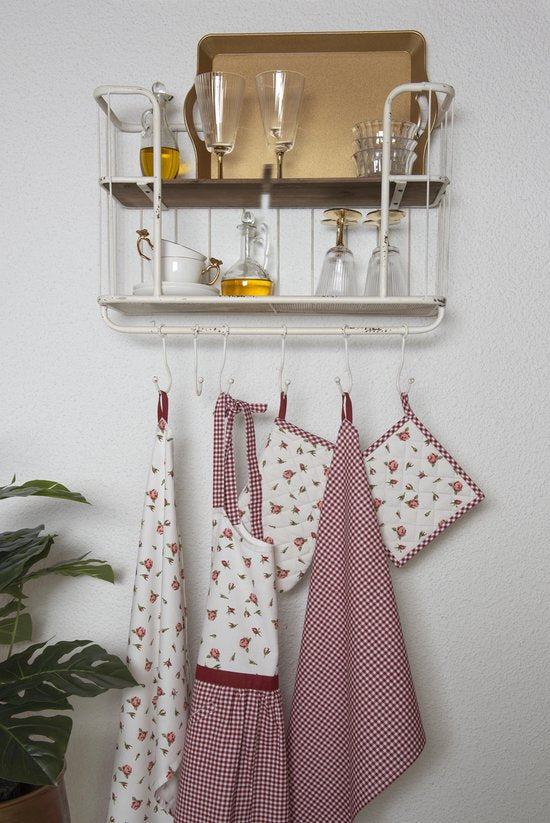Clayre & Eef Keukenschort 70*85 cm Rood Wit Groen Katoen Roosjes BBQ Schort Cadeau voor haar Kookschort