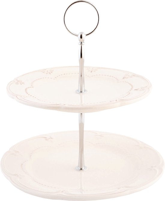 Clayre & Eef Etagère 2 laags 23 cm Beige Keramiek Rond Roosjes Taartplateau Serveerschaal