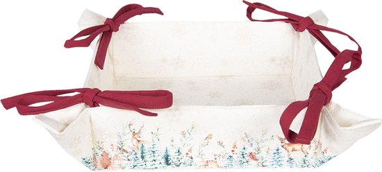 Clayre & Eef Broodmand 35*35*8 cm Creme Bruin Rood Groen 100% Katoen Vierkant Kerst en hert Broodmandje Bread Basket