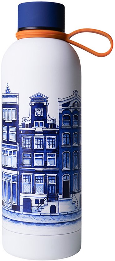 Heinen Delftblauw Waterfles Grachtenpanden Geïsoleerd RVS