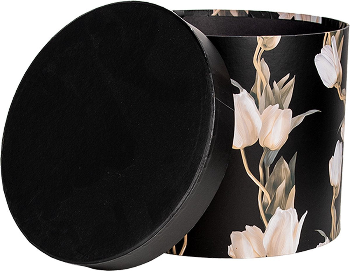Clayre & Eef Opbergdoos Set van 3 Ø 24x21 / Ø 22x29/ Ø 19x18 cm Zwart Karton Rond Tulpen