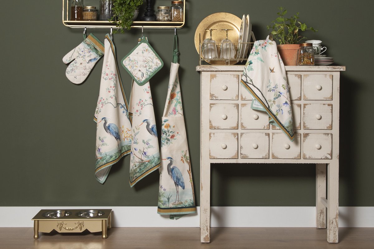Clayre & Eef Theedoek 50x70 cm Beige Katoen Tropisch motief Keukenhanddoek