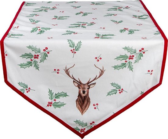 Clayre & Eef Tafelloper Kerst 50*160 cm Wit Rood Groen Katoen Rechthoek Hulstblaadjes, Herthoofd Tafelkleed Loper Tafeltextiel