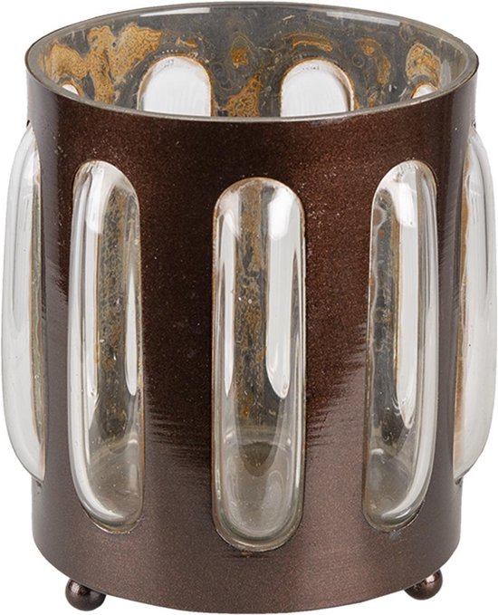 Clayre & Eef Theelichthouder Ø 14*13 cm Bruin Ijzer Glas Rond Waxinelichthouder Windlichthouder