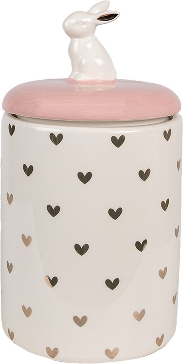Clayre & Eef Voorraadpot Konijn Ø 13x30 cm Roze Wit Keramiek Hartjes Voorraadpot Deksel
