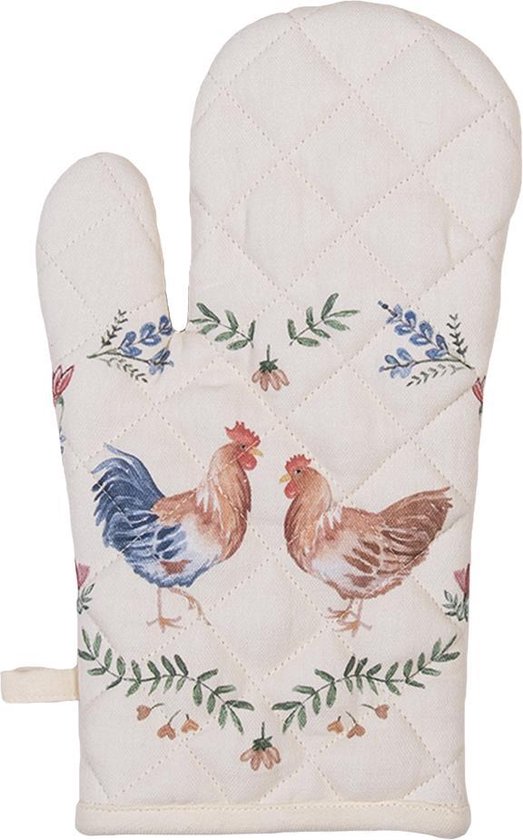Clayre & Eef Ovenwant 18*30 cm Beige Blauw Groen Katoen Kip en haan Ovenhandschoen Keukentextiel Wasbaar