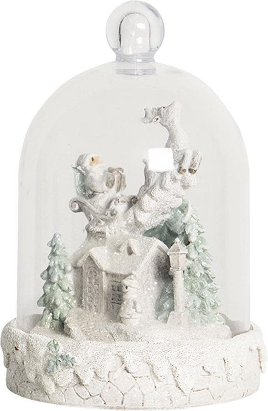 Clayre & Eef Glazen Stolp Ø 13*18 cm Wit Kunststof Glas Rond Kerststolp Stolp met Decoratie