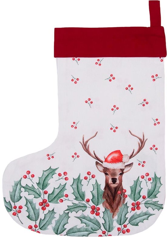 Clayre & Eef Kerstsok Decoratie 30*40 cm Wit Rood 100% Katoen Kerst Kerstsok Hanger