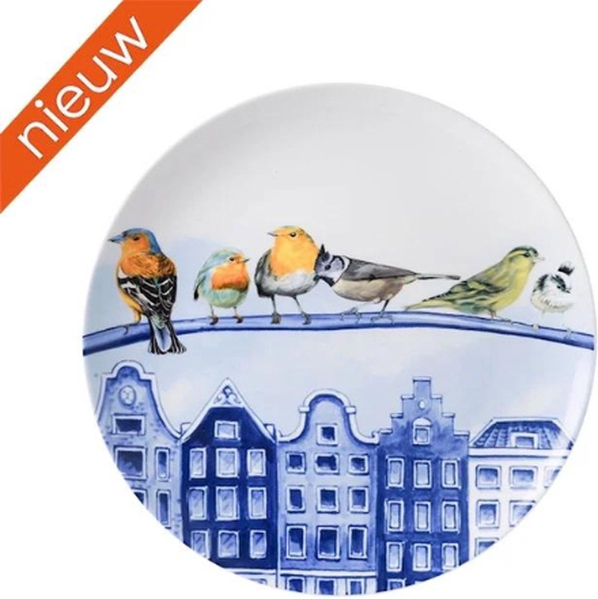 Heinen Delfts Blauw Wandbord Bosvogels In De Stad - Keramiek - Blauw - 27 x 27 x 0 cm (BxHxD)