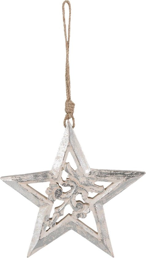 Clayre & Eef Decoratie Hanger Ster 6H1524M 20*2*20 cm Wit Hout Kersthanger Kerstboomversiering