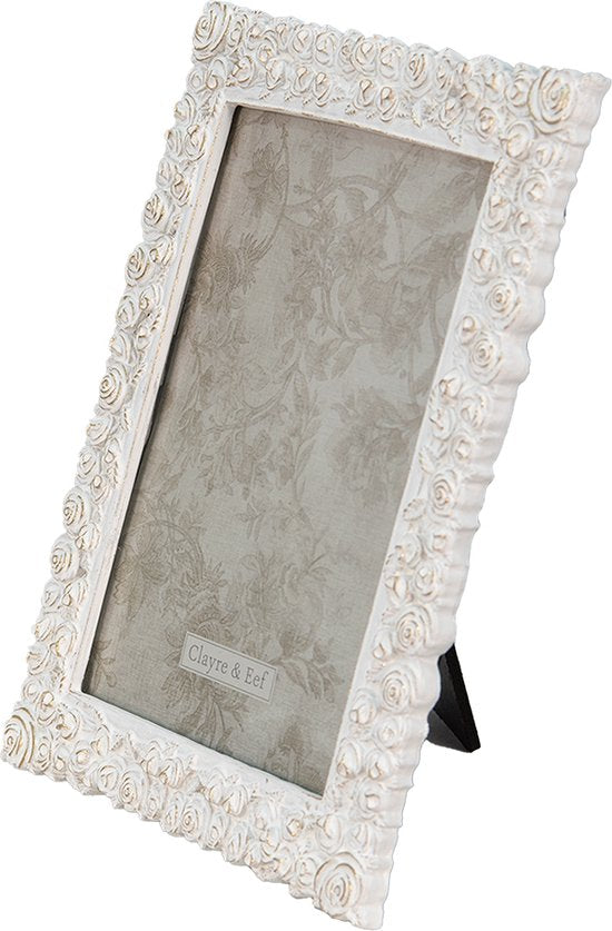 Clayre & Eef Fotolijst 12*2*18 cm / 13*18 cm Wit Goudkleurig Kunststof Glas Rechthoek Bloemen Fotokader Wissellijst Foto Frame