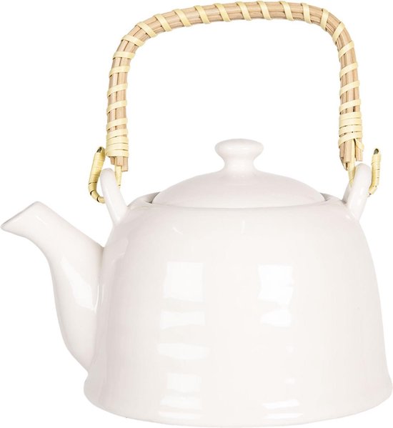 Clayre & Eef Theepot met Filter 17*12*10 cm / 600 ml Wit Porselein Rond Theekan Cadeau voor haar Chinese Theepot