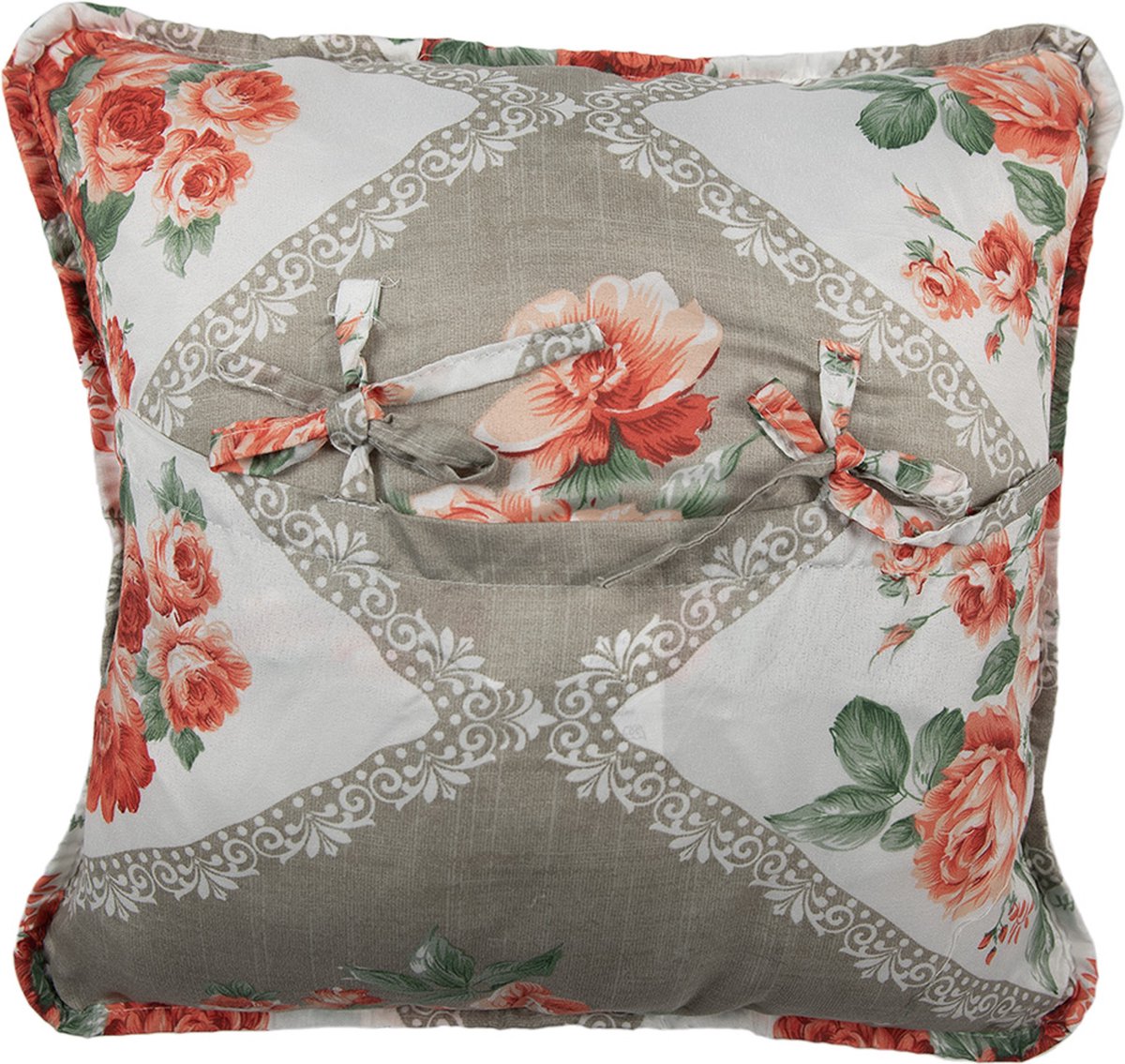 Clayre & Eef Kussenhoes 40x40 cm Grijs Roze Katoen Polyester Bloemen Sierkussenhoes