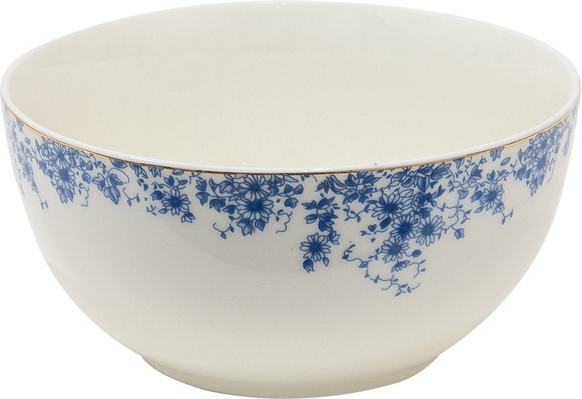 Clayre & Eef Soepkom 500 ml Blauw Porselein Rond Bloemen Serveerkom