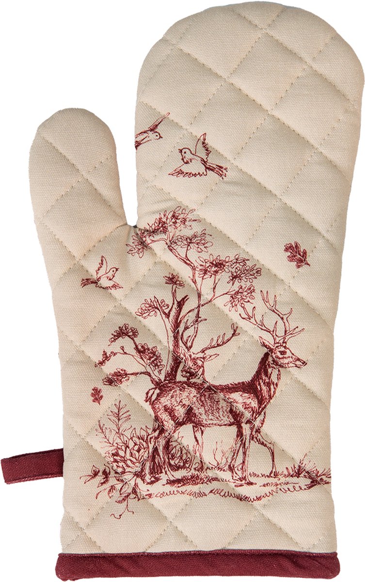 Clayre & Eef Ovenwant 18x30 cm Wit Roze Katoen Rendier Ovenhandschoen