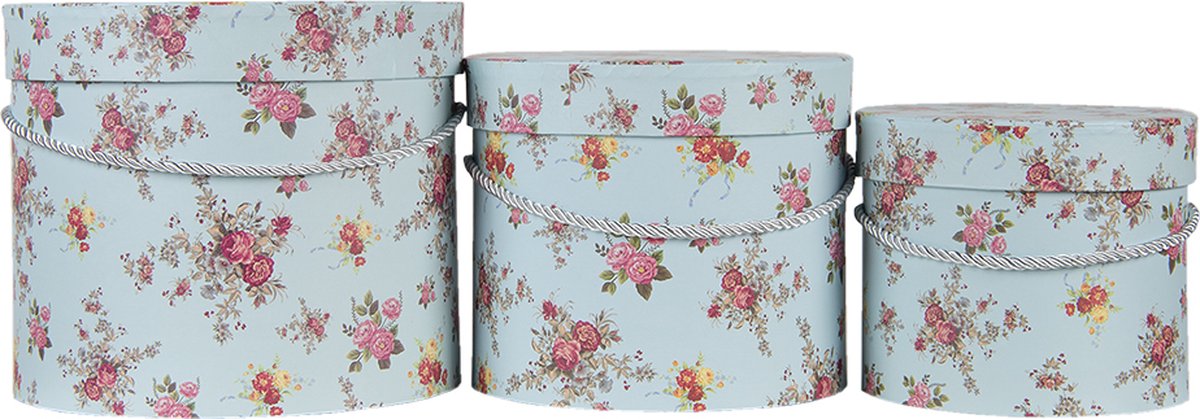 Clayre & Eef Hoedendoos Set van 3 Ø 23x19 cm Blauw Roze Karton Bloemen Opbergdoos Cadeaudoos
