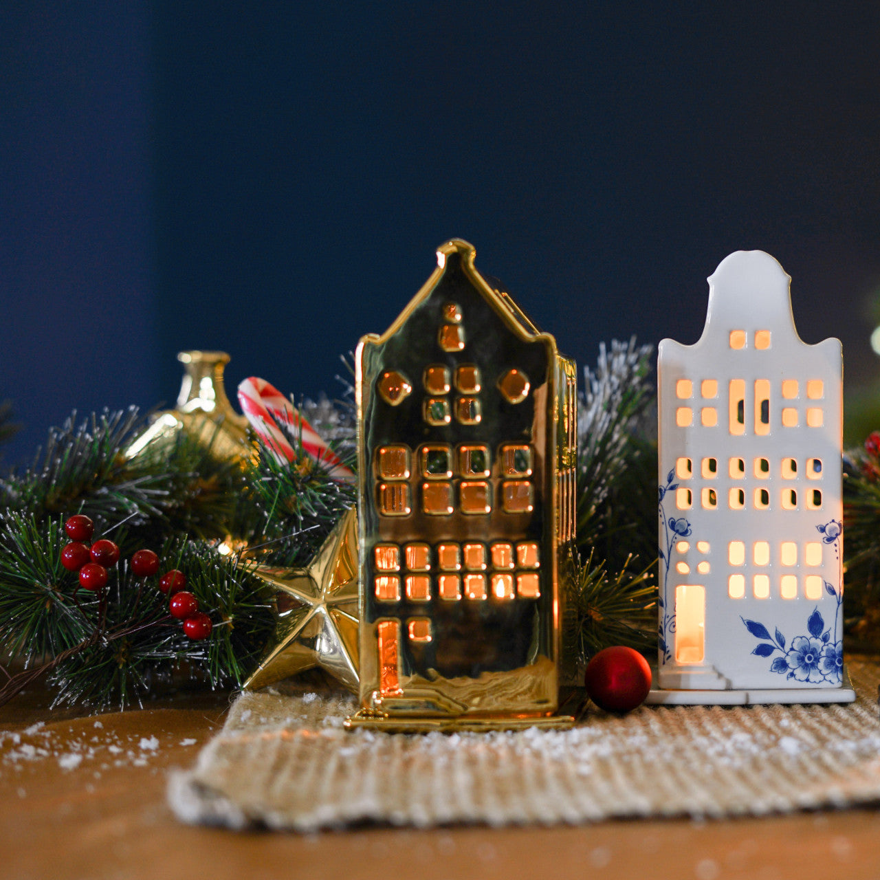 Waxinelichthouder huis klokgevel | Heinen Delfts blauw | Kerst | Delfts Blauw | Souvenir