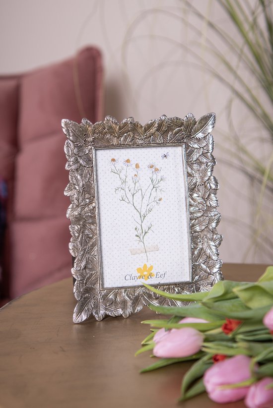 Clayre & Eef Fotolijst 10x15 cm Zilverkleurig Kunststof Blaadjes Fotokader Wissellijst Foto Frame