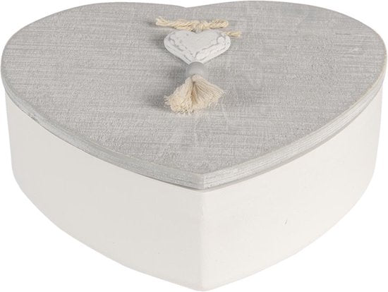Clayre & Eef Opbergdoos 18*18*6 cm Grijs Wit Hout Hartvormig Hart Opbergbox
