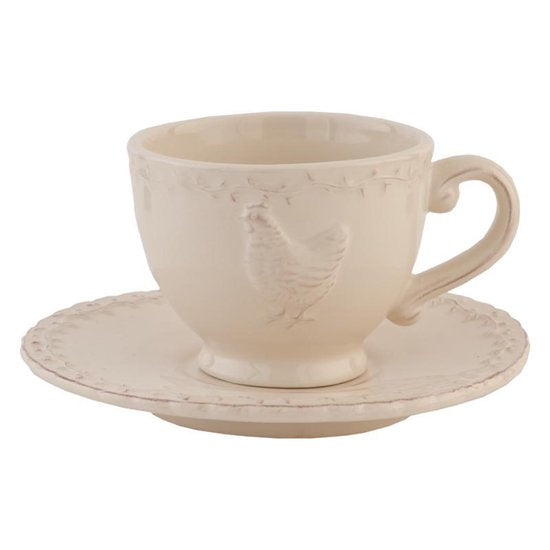 Clayre & Eef Kop en schotel 12*9*7 cm / Ø 15*2 cm / 200 ml Beige Keramiek Rond Kip Servies Cadeau voor haar Cappuccino