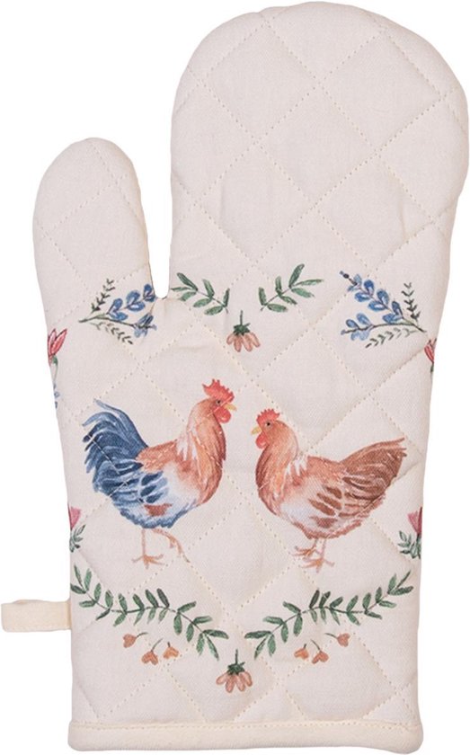 Clayre & Eef Ovenwant 18*30 cm Beige Blauw Groen Katoen Kip en haan Ovenhandschoen Keukentextiel Wasbaar