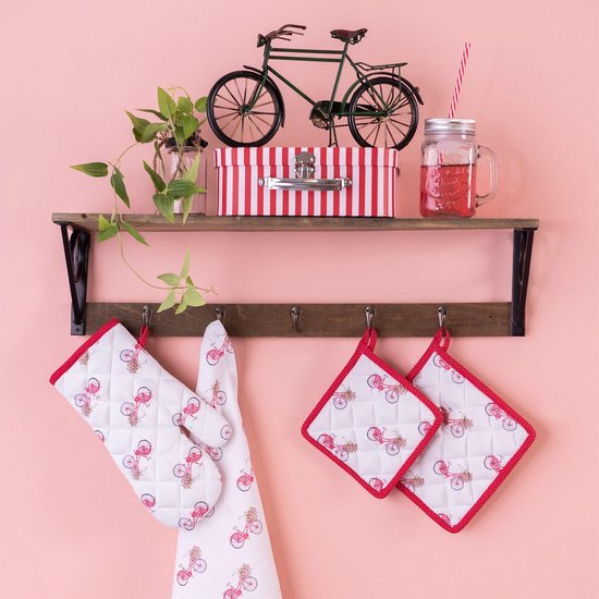 Clayre & Eef Keukenschort 70*85 cm Rood Wit Katoen Fiets BBQ Schort Cadeau voor haar Kookschort