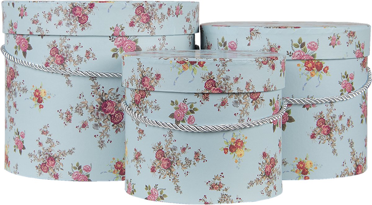 Clayre & Eef Hoedendoos Set van 3 Ø 23x19 cm Blauw Roze Karton Bloemen Opbergdoos Cadeaudoos