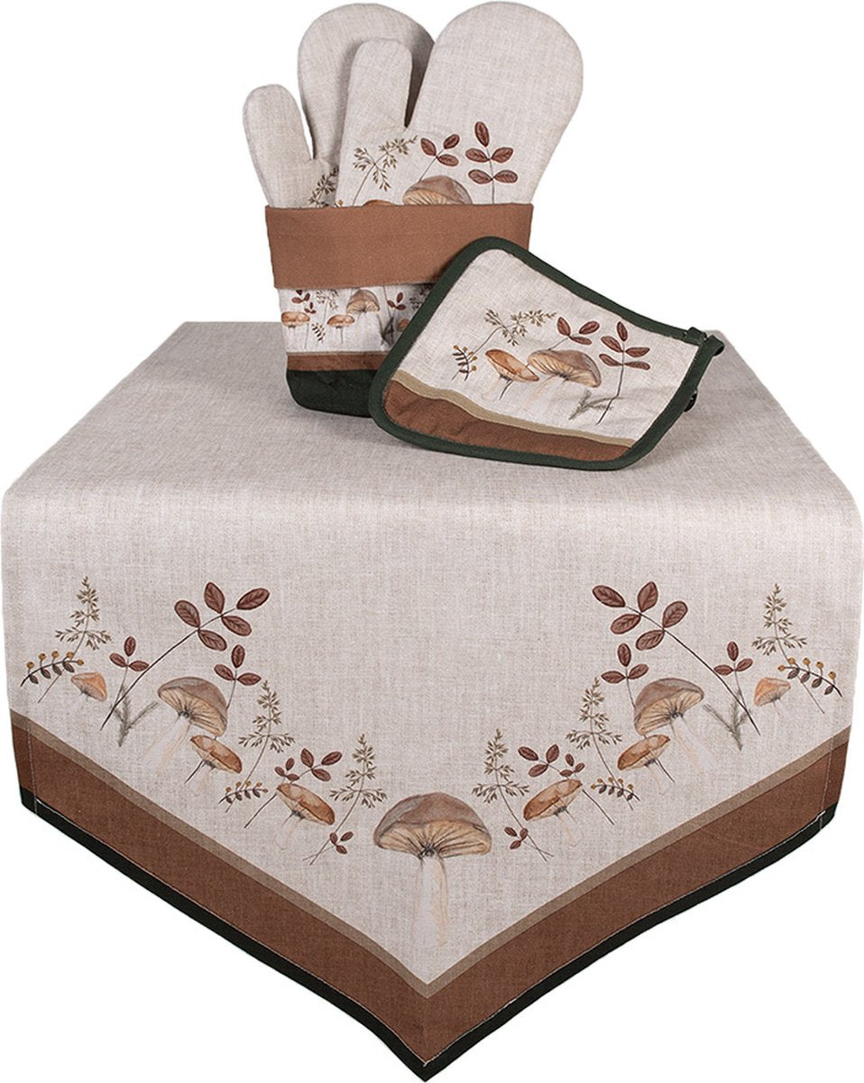 Clayre & Eef Tafelloper 50x160 cm Beige Katoen Paddenstoelen Tafelkleed