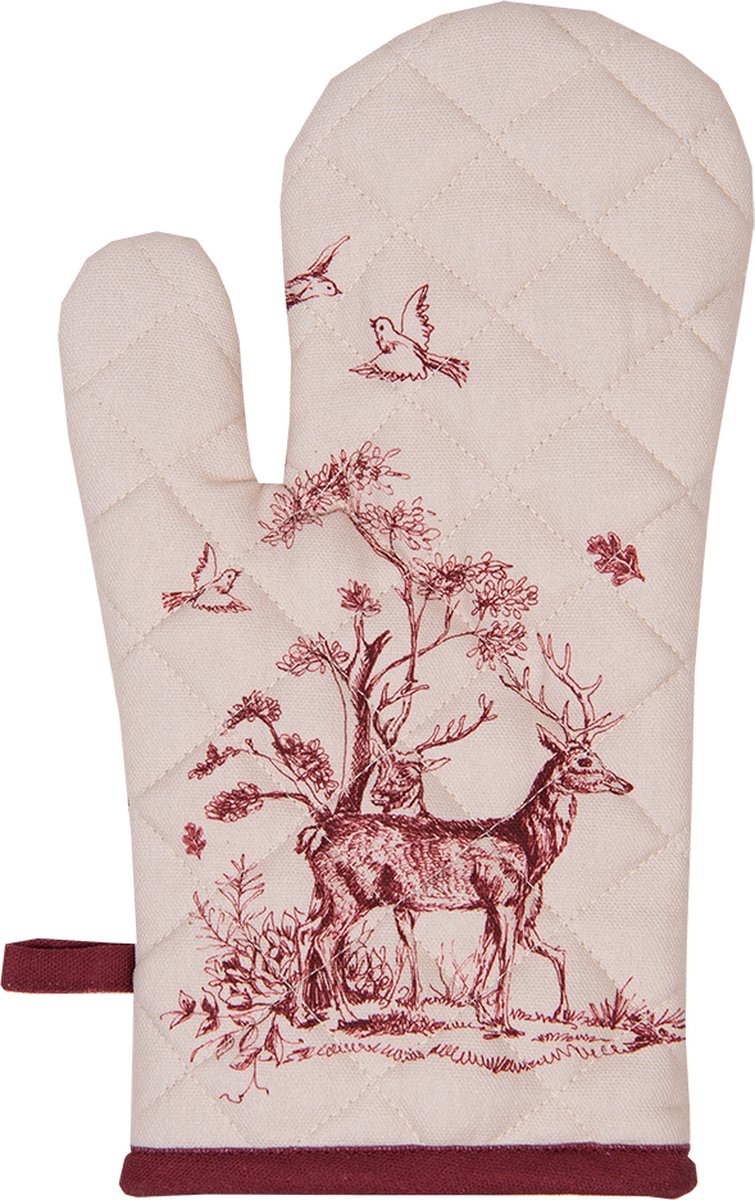 Clayre & Eef Ovenwant 18x30 cm Wit Roze Katoen Rendier Ovenhandschoen