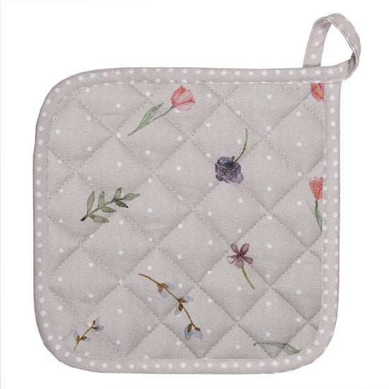 Clayre & Eef Pannenlap 20*20 cm Beige, Grijs Katoen Vierkant Konijn en bloemen Afgiet Pannenlap Afgiethulp