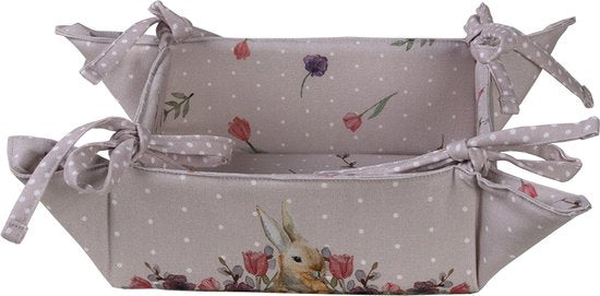 Clayre & Eef Broodmand 35*35*8 cm Grijs Beige Katoen Konijn en bloemen Broodmand stof Basket Cadeau keuken