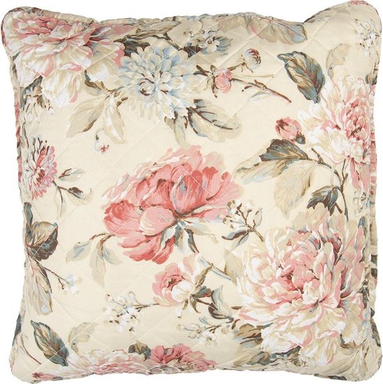Clayre & Eef Kussenhoes 50*50 cm Beige Roze Polyester Katoen Vierkant Bloemen Sierkussenhoes Kussen hoes