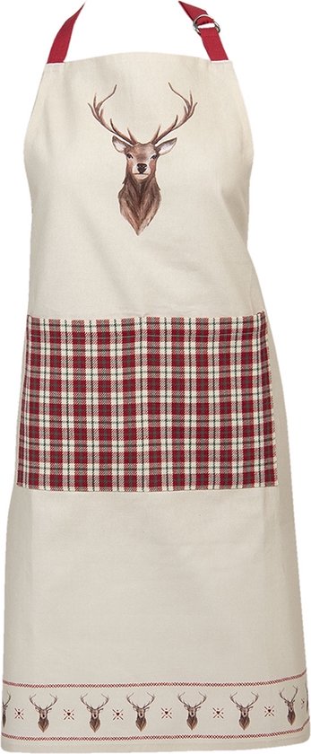 Clayre & Eef Keukenschort 70*85 cm Beige Rood Katoen Herten BBQ Schort Cadeau voor haar Kookschort
