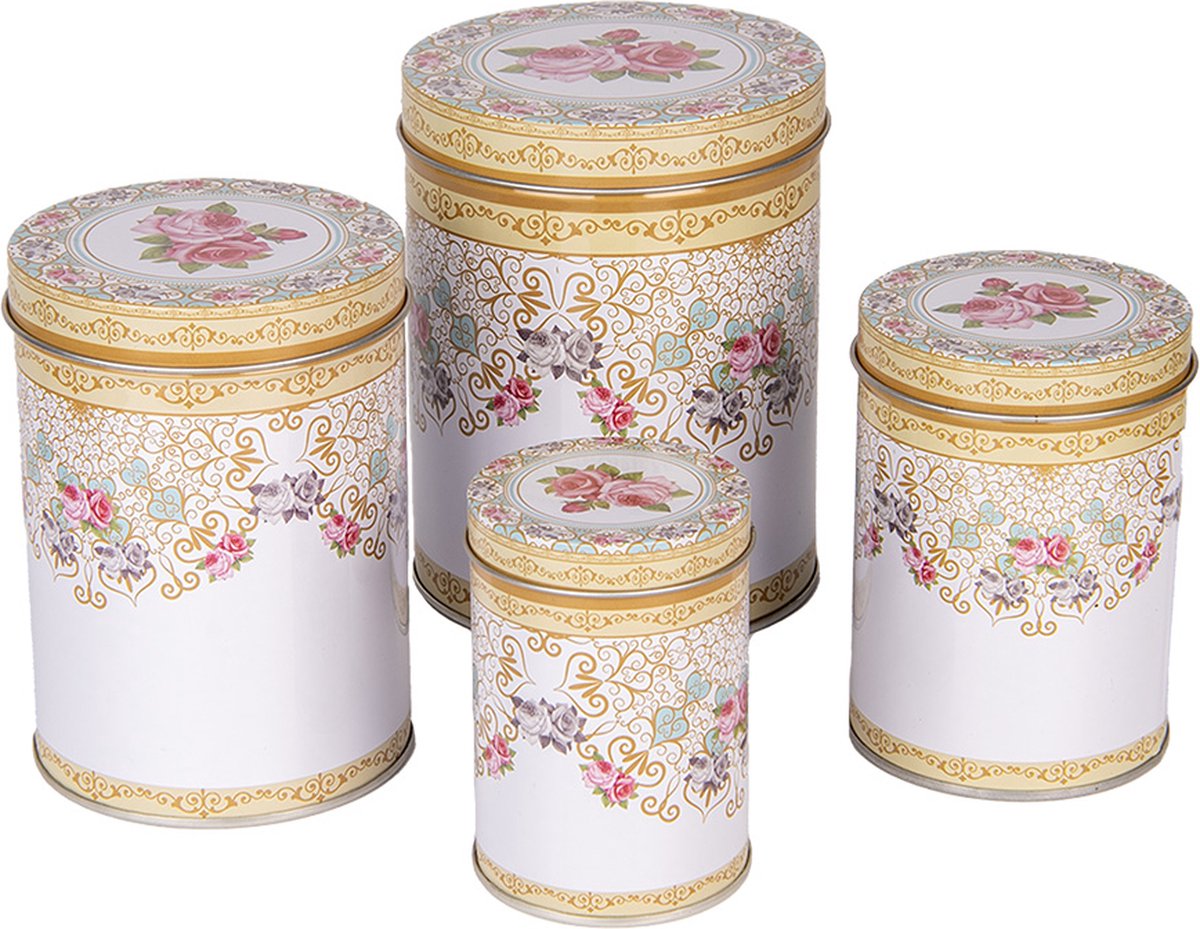 Clayre & Eef Bewaarblik Set van 4 Ø 11 /Ø 9 /Ø 8 /Ø 6 cm Wit Blik